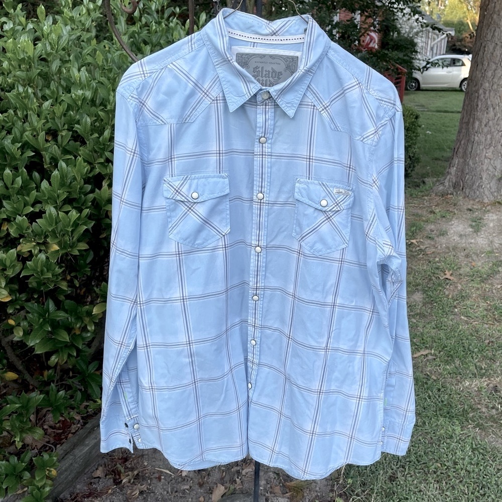 Slade Wilder blue plaid cotton snap button shirt mens L